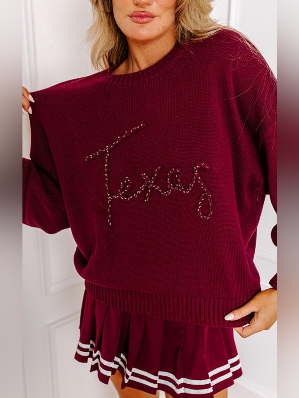 Le Lis Burgundy Embellished 'Texas' Crewneck Sweater - Picture 3 of 4